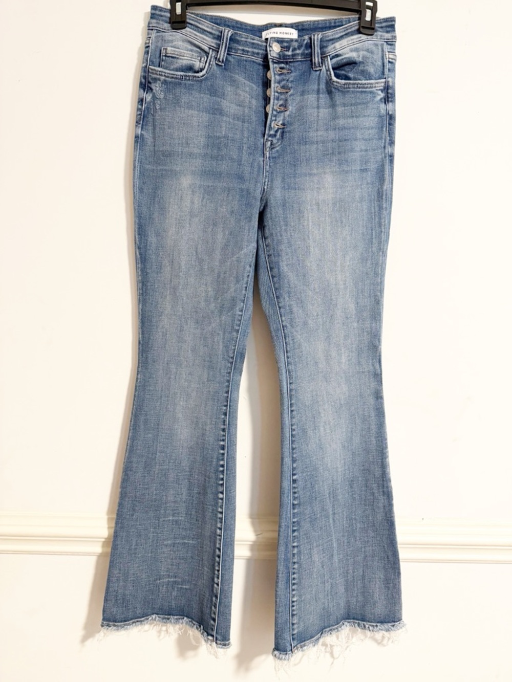 Flying Monkey Exposed Button Fly Raw Hem Flare Jeans Mid Blue 31